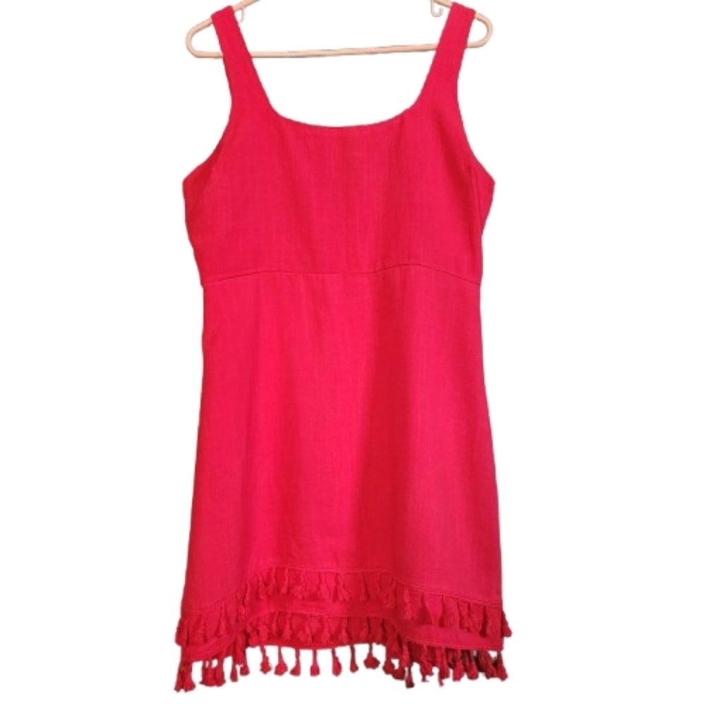 Womens L Lulus Red Vibrant Fringe Boho Sleeveless Linen Dress